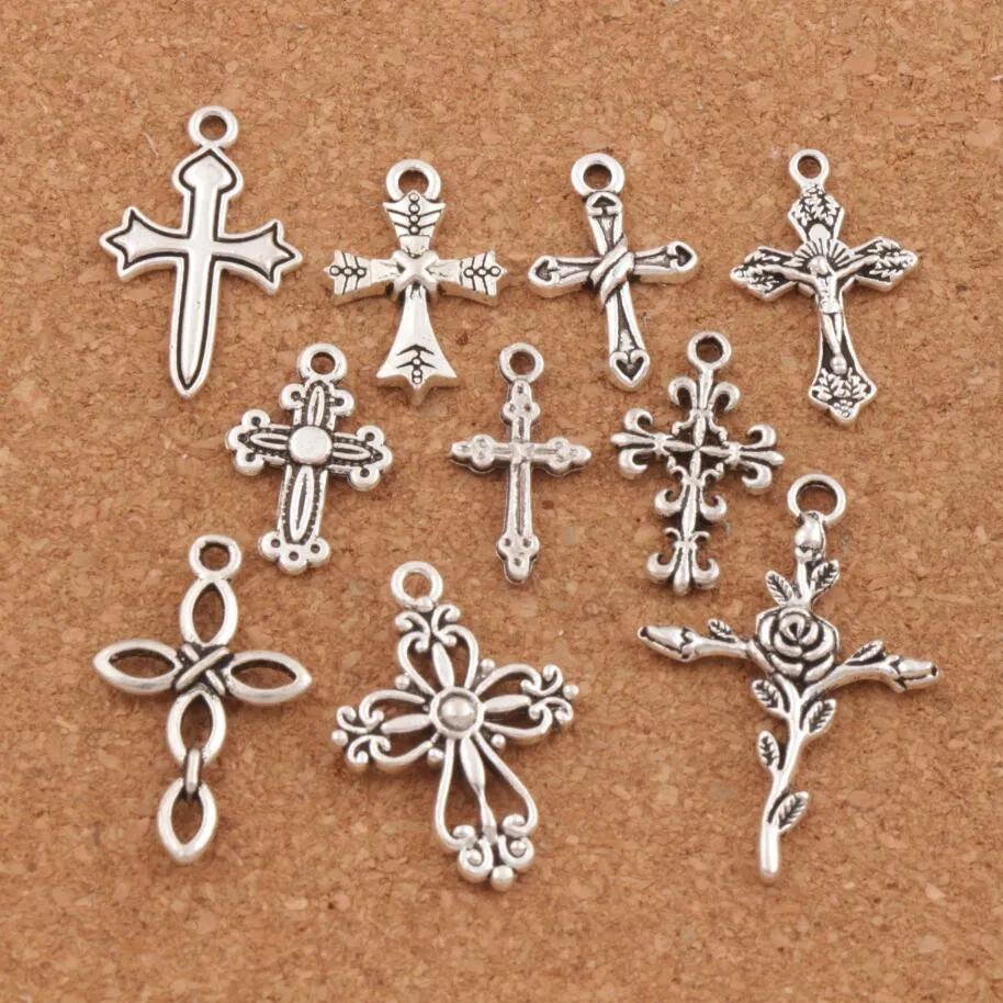 100 stks / partij Leuke Bloem Design Cross Charm Beads 10Styles Mic Tibetan Silver Hangers Sieraden DIY Bevindingen Componenten LM45