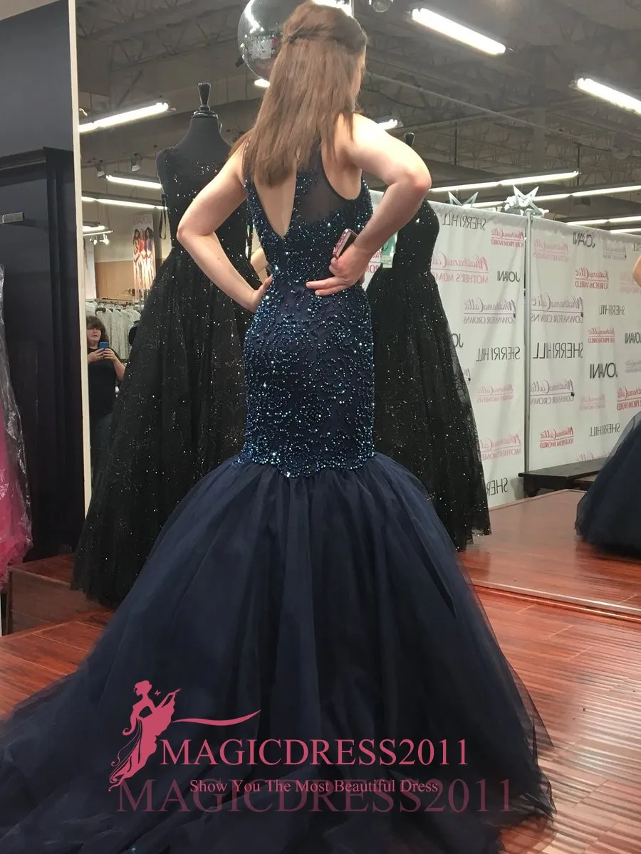 2019 Prom Dresses Mermaid Jerens Backless Bez Rękawów Długość podłogi Major Frezowanie Suknie Wieczorowe Vestidos de Festa