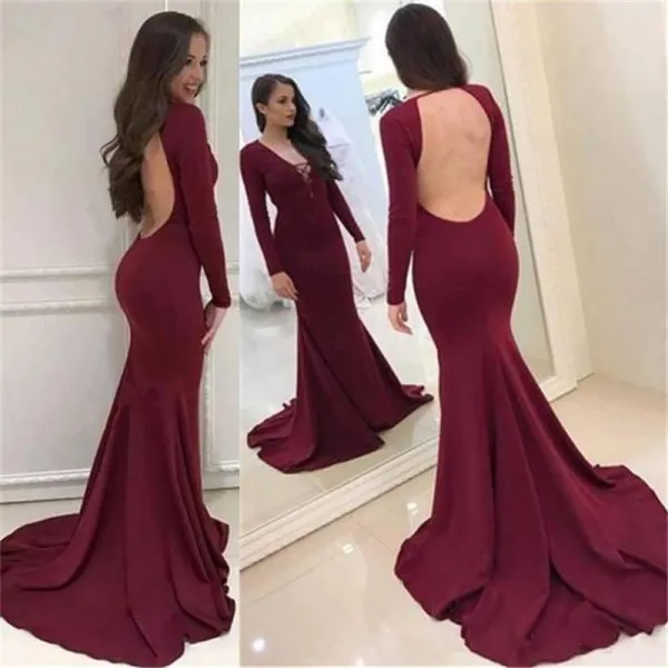 Vestidos de fiesta ajustados sexys Sirena con cuello en V Espalda abierta Mangas largas Tren de la corte Gasa Vestidos de fiesta baratos indios atractivos