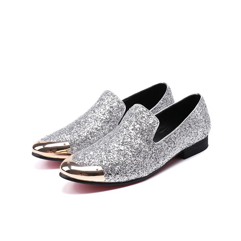 Fashion Men Shoes Gold Metal Cap Flats Dress Shoes Silver Glitter Men Leather Wedding Shoes Business and Party