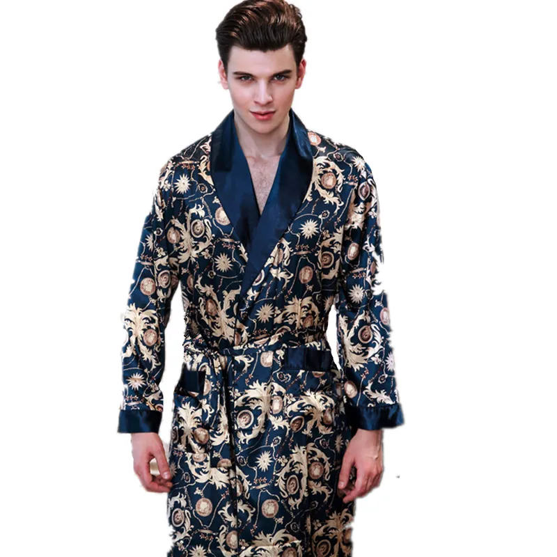 Nieuwe zomer satijnen gewaden mannelijke dressing jurk mannen lange mouw zijden print paern badjas leisure kimono home mannen