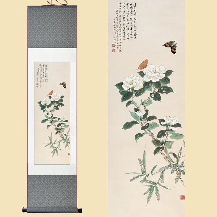 Chinese Silk Watercolor Ink Wash Flower White Camellia Butterfly Feng Shui Art Wall Picture
