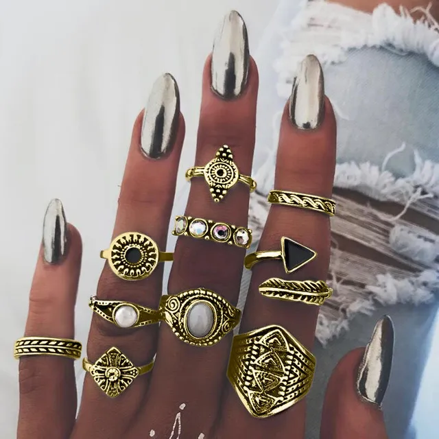 10Set Vintage Knuckle Ring Set för Women Fashion Anel Aneis Bague Femme Stone Silver Midi Finger Ringar Boho Smycken 10st