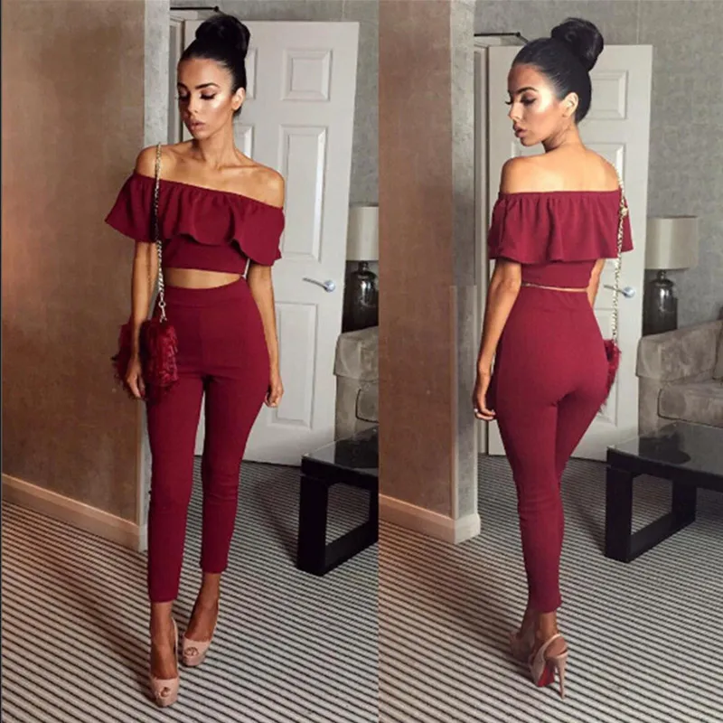 Casual Women Suits Sexy Two Piece Outfits Girls Crop Top And Long Pants 2 Piece Women Set Bodycon Suit Womens Clothing Ruffles