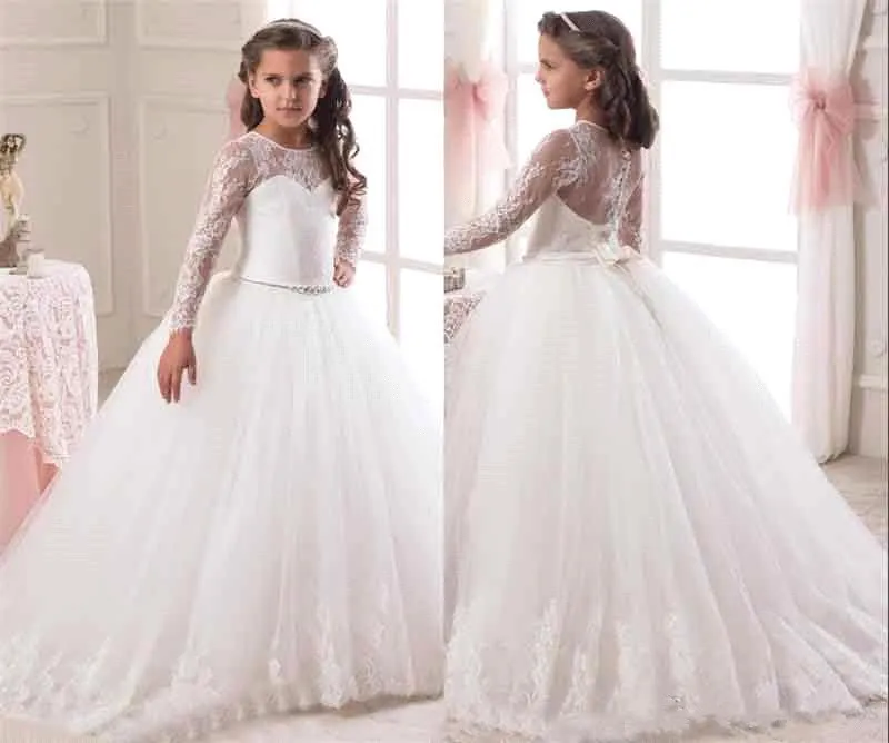 Illusion Long Sleeves Flower Girls Dresses 2019 New Lace Appliqued Bow Sash Ball Gown Sweep Train Kids Formal Wear Girls Pageant Dresses