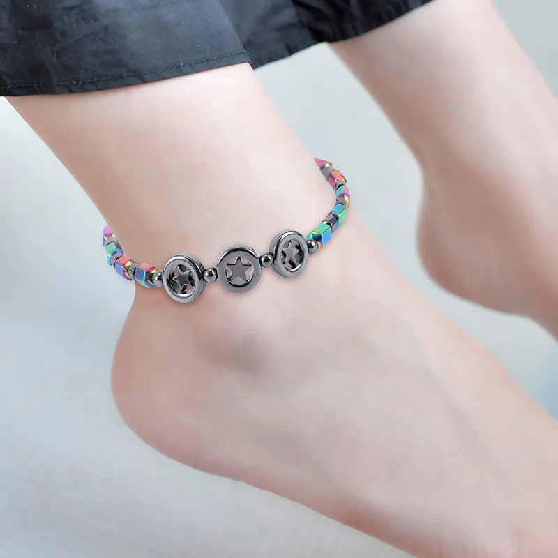 New Circle five star pendant magnetic black stone bead anklet AB color Health Care Magnetic anklets For Women will and sandy