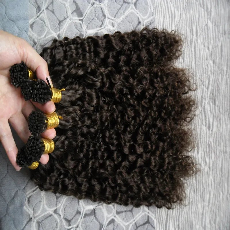 Estensioni capelli di fusion prebonded Kinky Ricci 300g / Fili Keratin Stick I Supta Brasiliana Prebondata Capelli umani Estensioni # 2 Darkest Brown