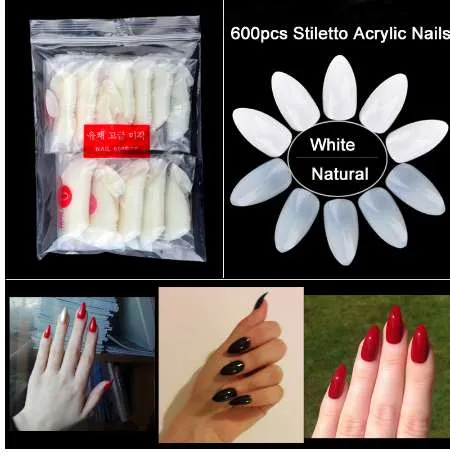 600 stks / pak Natural Clear False Nail Tips Ovale Stiletto Sharp Full Nail Tips Acryl UV Gel Volledige Cover Nail Tips voor Decoration