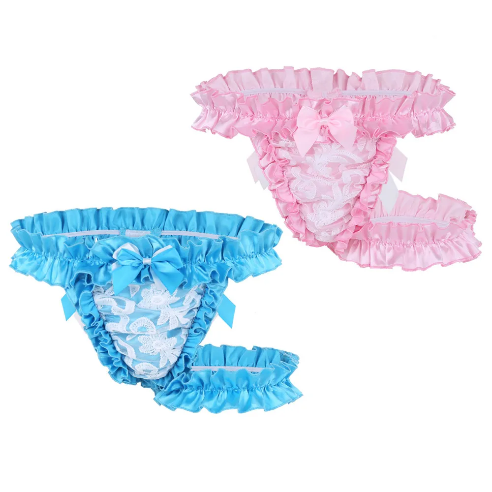 2018 Mens Lingerie Lace Frilly Satin Ruffled High Cut Sissy Gay Male Panties  Knickers G String Underwear With Thigh Garter Belt From Piterr, $20.67