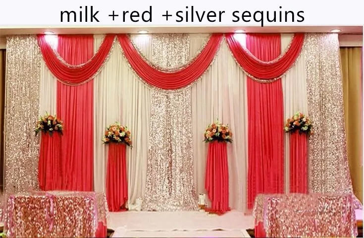 3X 6M Shiny Red Wedding Drape Backdrop Curtain With Sequins Swag Pleated For Wedding Banquet Decoration