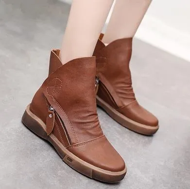 leather ankle boots for women flat heels retro brown waterproof short botas elegant ladies winter casual shoes woman 2018