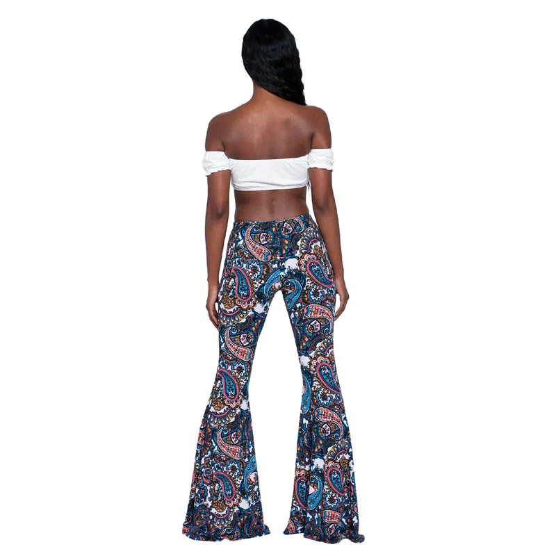 Summer Women Printed Beach Boho Long Pants Retro Loose Flare Pants Casual Bohemian Elastic Slim Trousers