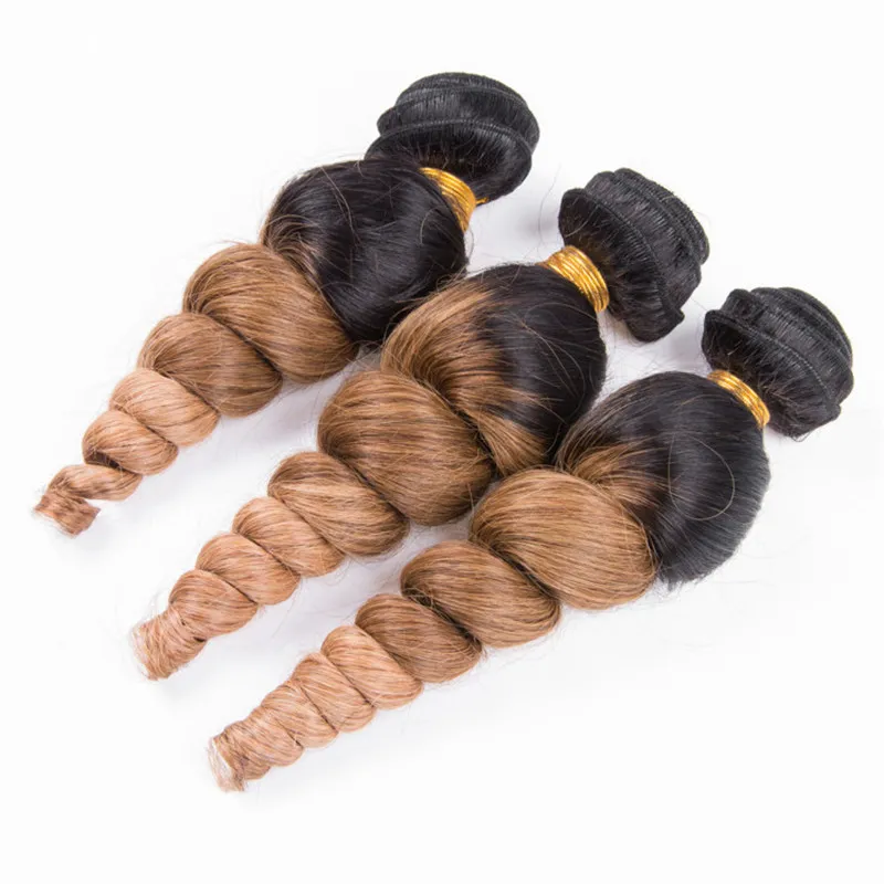 Black Brown and Honey Blonde Ombre Brazilian Human Hair Weave Extensions Loose Wave #1B/4/27 Three Tone Ombre Virgin Hair Bundles Deals