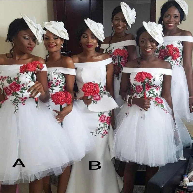 Afrika Kısa Gelinlik Omuz Ucuz Wedding Guest Elbise Onur Ülke nedime önlük Saten Tül Aplikler Hizmetçi Kapalı