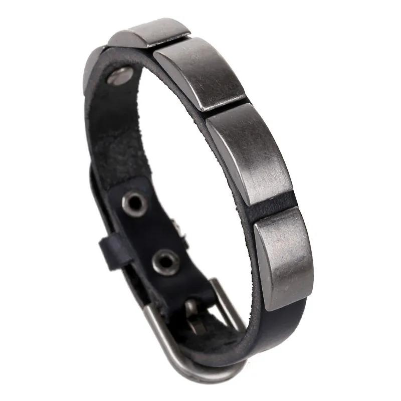 Mens Leather Alloy Punk Bracelet Adjustable Black Wristband