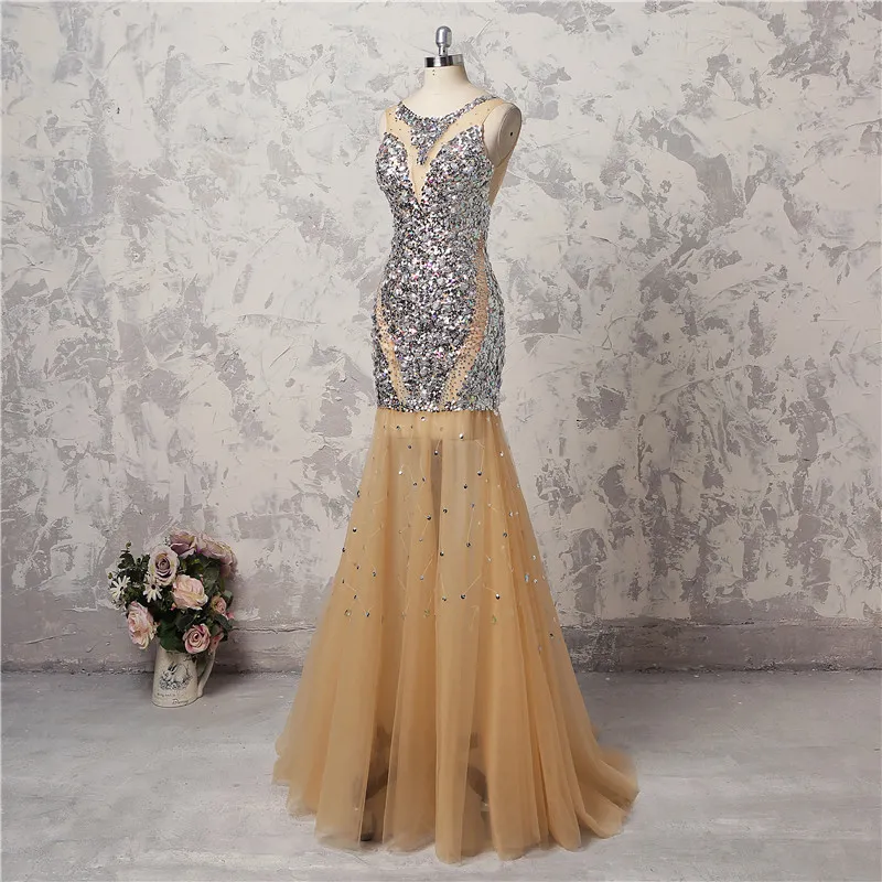 Bling bling shinning kralen prom dresses 2018 champagne zeemeermin avondjurken vloer lengte sexy backless formele feestjurk op maat gemaakt