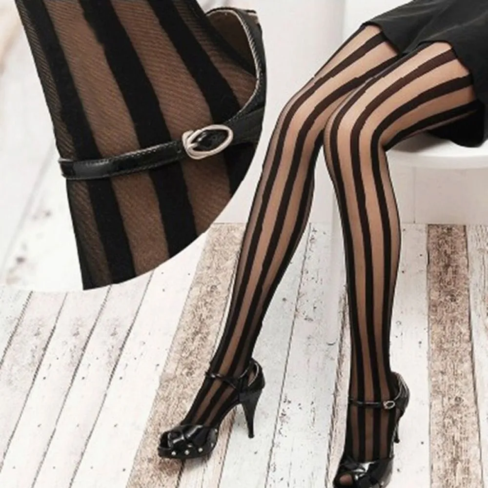 Bas noirs gothiques Rock Punk pour femmes 1 pi ce collants rayures verticales pour femmes Girl234r