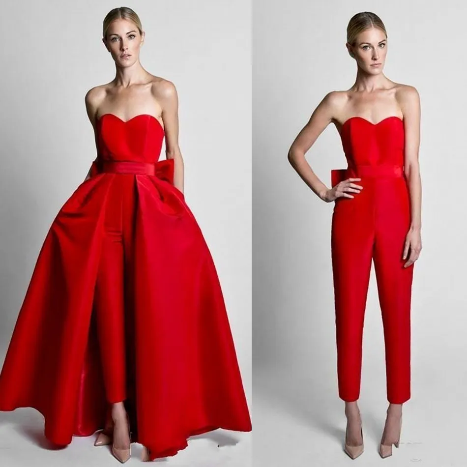 2022 Red Jumpsuits Prom Dresses With Detachable Skirt Sweetheart Evening Gowns Party Wear Pants for Women Custom Made