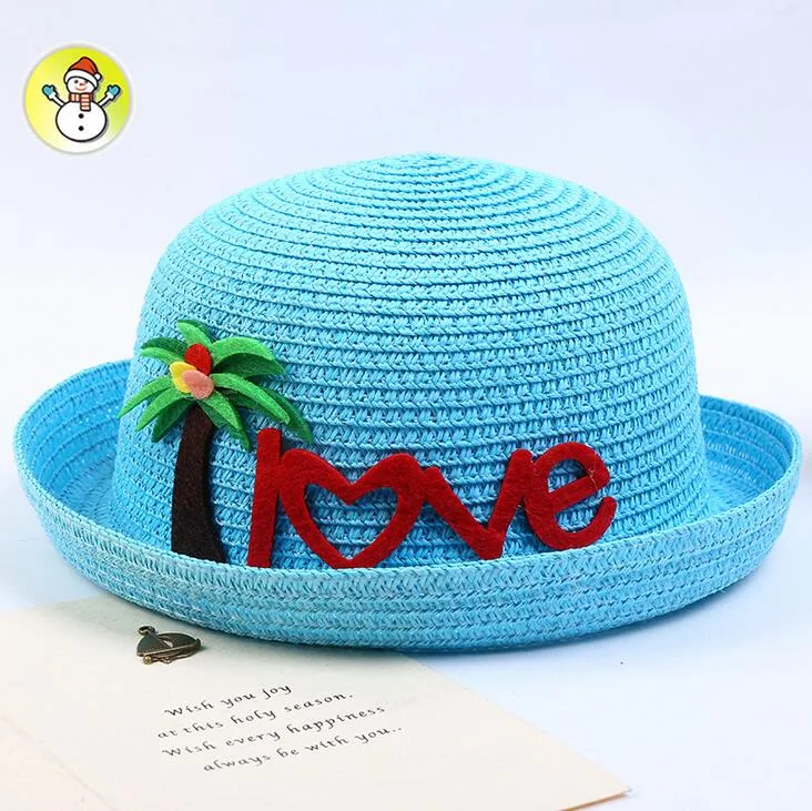 Creative children straw hat with cartoon coconut tree LOVE letter baby hats kids breathable beach hat wholesale free ship