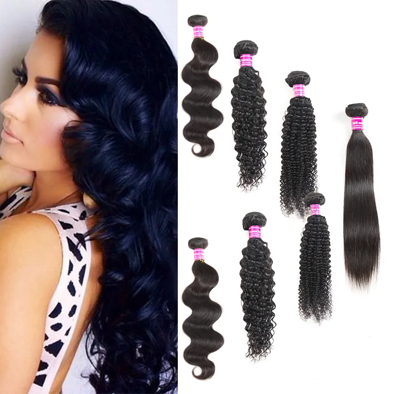 Partihandel 9a Brasilianska Straight Virgin Human Hair Weaves Malaysian Deep Wave Mänskliga Hår Buntar Bulk Body Water Kinky Curly Hair Extensions