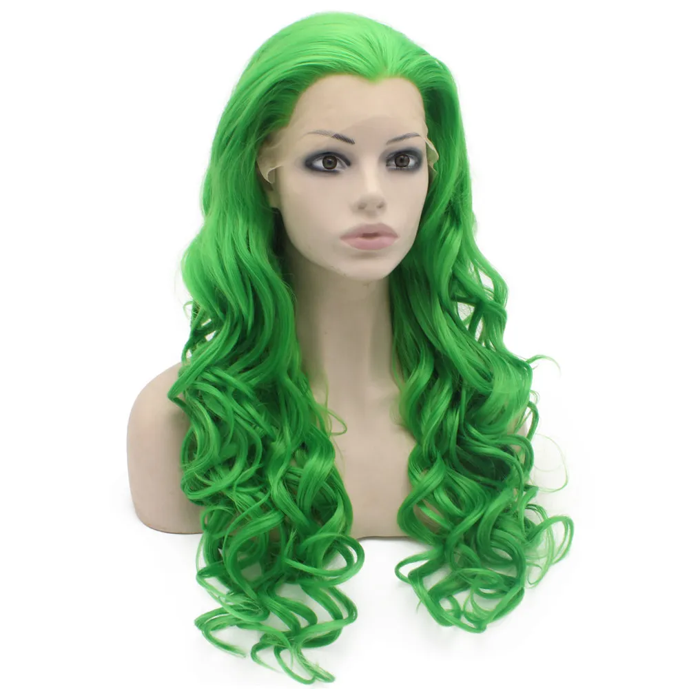 26" Long #T6138 Green Heavy Density Heat Friendly Fiber Front Lace Synthetic Hair Party Wig