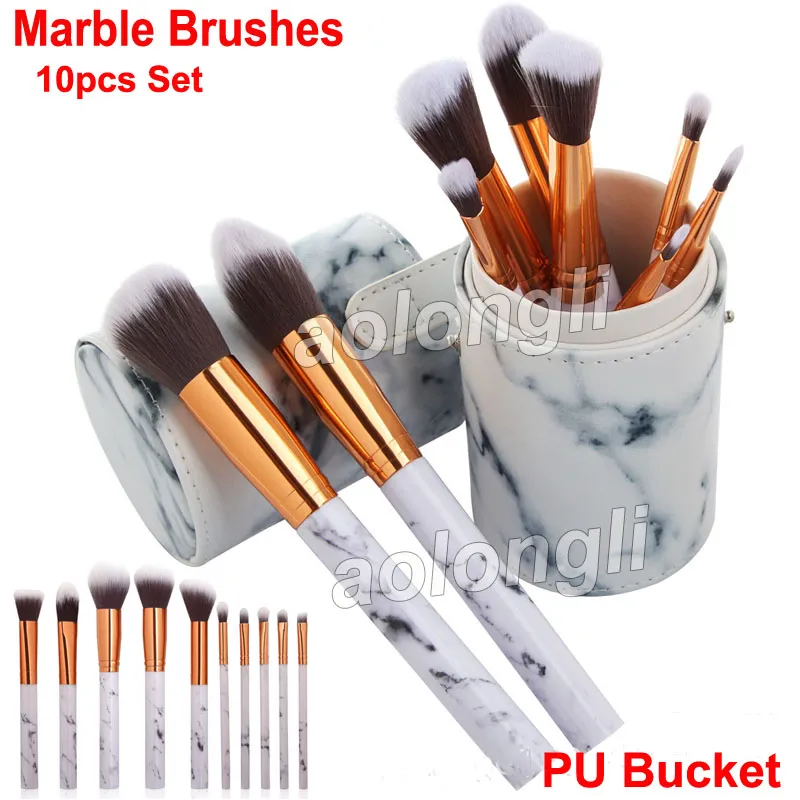 2018 Nya marmor makeupborstar10pcs Set + PU Bucket Beauty Tools Blush Powder Eyebrow Eyeliner Makeup Brush Powde Foundation Borstar