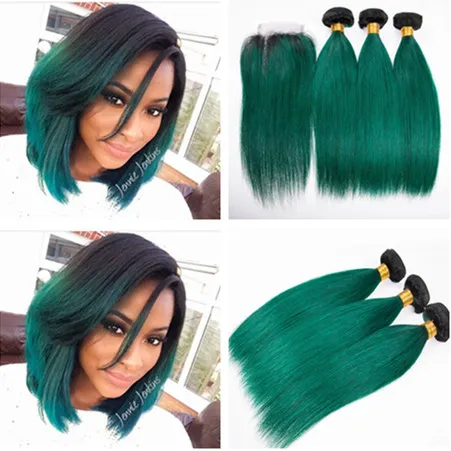 Droite # 1B / Vert Ombre Péruvienne Vierge Bundles de Tissage de Cheveux Racine Sombre avec 4x4 Fermeture de Dentelle Ombre Vert Foncé Extensions de Trames de Cheveux Humains