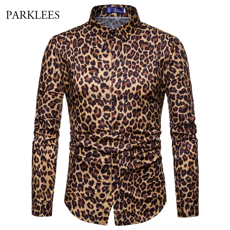 Mens clássico leopardo impressão camisa masculino 2018 novo elegante elegante manga longa slim encaixe vestido camisas de nightclub dj stage camisa