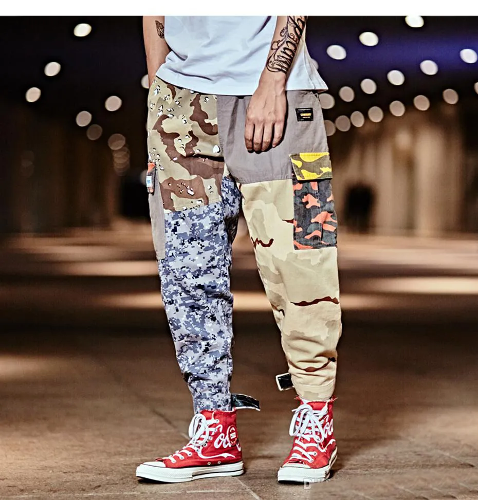 Hip Hop Moletom Homens Patchwork Calças Casuais Cor Do Vintage Blocos de Corrida Harem Camo Camo Tatical Carga Calças