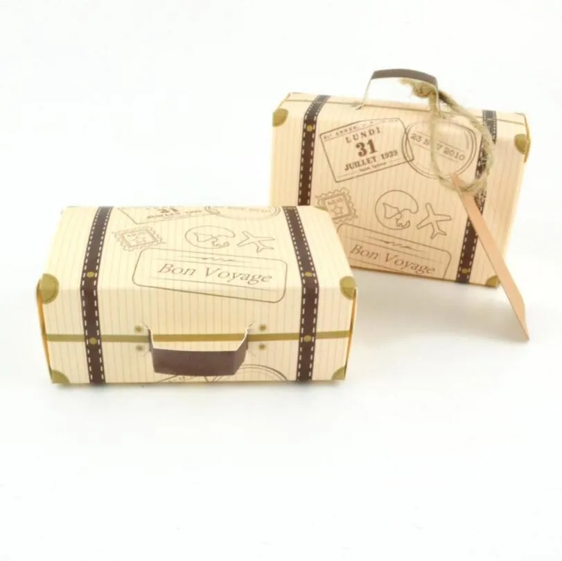 Kraft Paper Wedding Favor Box Vintage Mini Walizka Cukierki Czekoladowe Skrzynki Słodkie Torby Party Pudełko LX3408