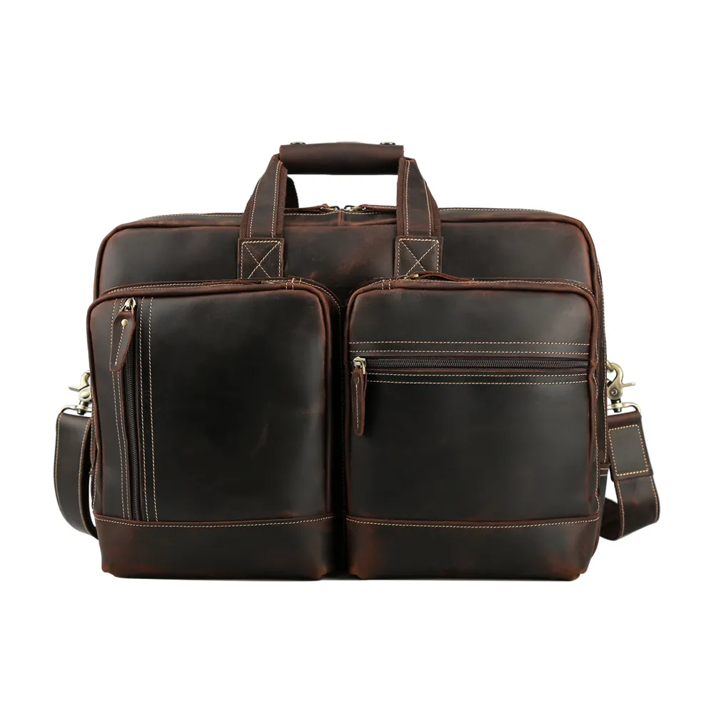 Tiding Genuine Cow Leather Travel Briefcase Mens 15 Inch Laptop Bags Tote Business Document Case Vintage Maleta Brown