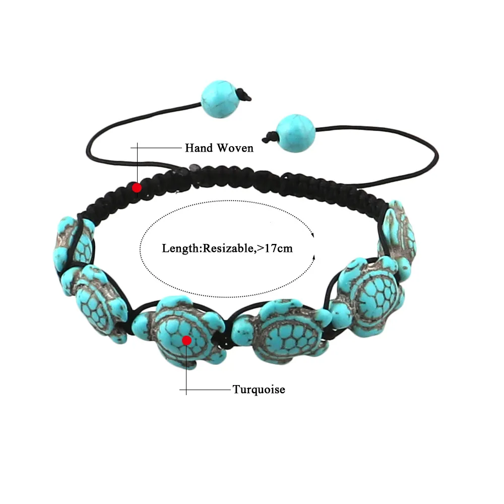 Bohemian Women's Turkos Turtle Charm Armband Svart Handvävnad Flätad Rope Justerbar Bangle för Unisex Mäns Mode Smycken