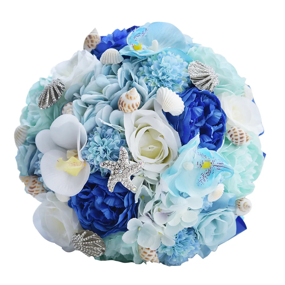 Buquê De Casamento azul Para O Casamento De Praia Flores De Seda Artificial  Shell Frisado Estrela