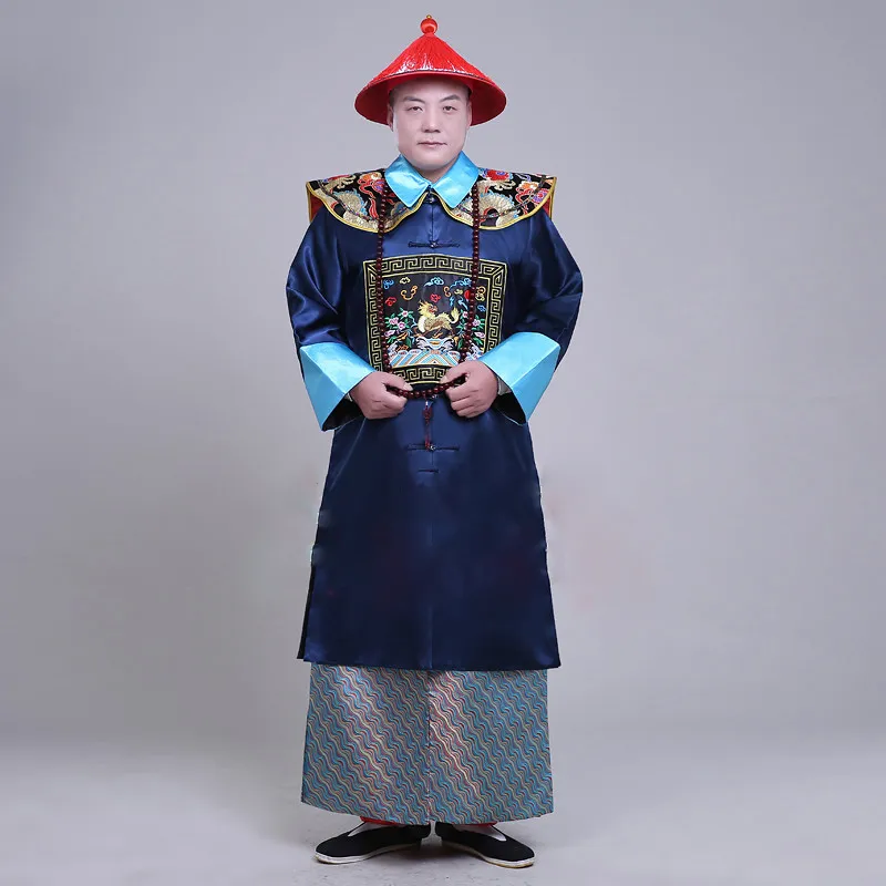 Nouveau noir et bleu les costumes du ministre de la dynastie Qing vêtements masculins ancien style chinois hommes toge robe film TV perf255M