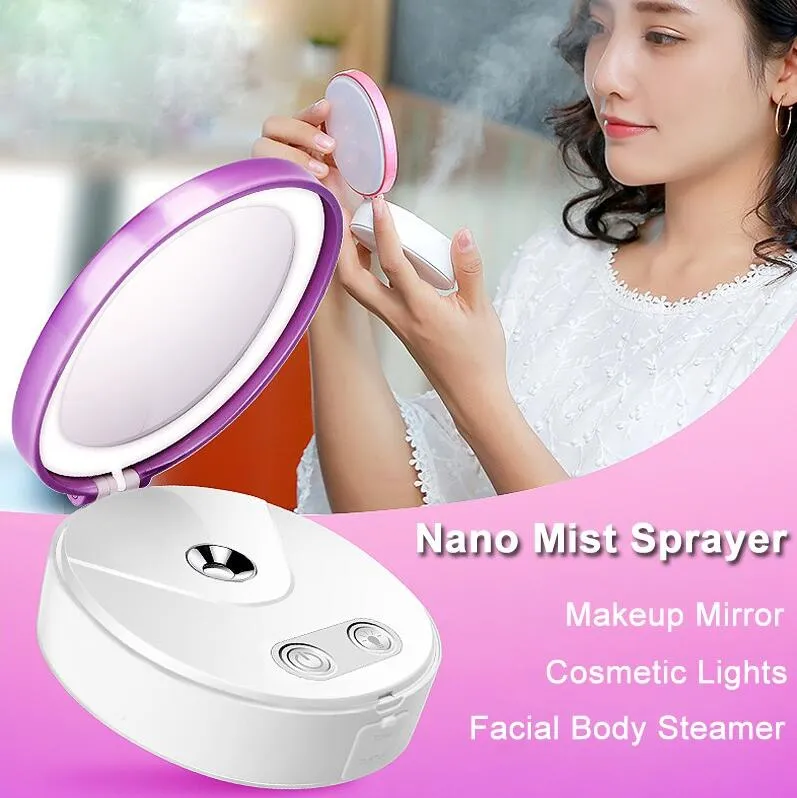 Multifunctionele Draagbare Make-up Cosmetische Lichten Spiegel Nano Mist Spuit Facial Body Steamer Moisturizing Face Power Bank