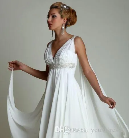 Griechischer Stil Strandhochzeitskleider 2018 Neue Perlen Schärpe V-Ausschnitt Falten Empire Chiffon Umstandsbrautkleider Robe De Mariage Custom M250g