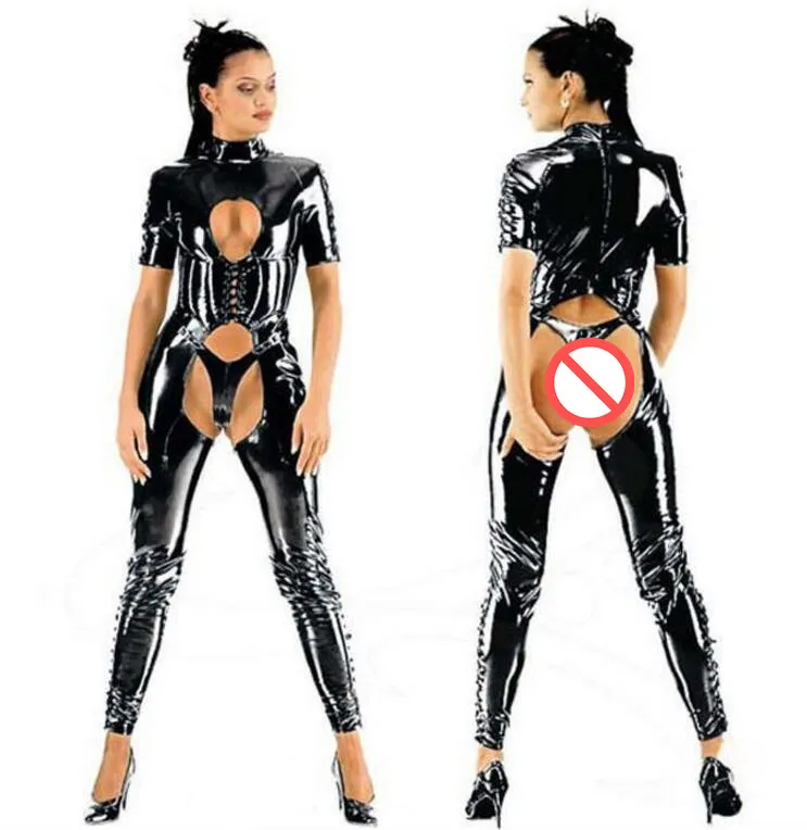 Damer Sexiga underkläder Black PVC Faux Leather Jumpsuit Catsuit Club Fancy Dress #T78