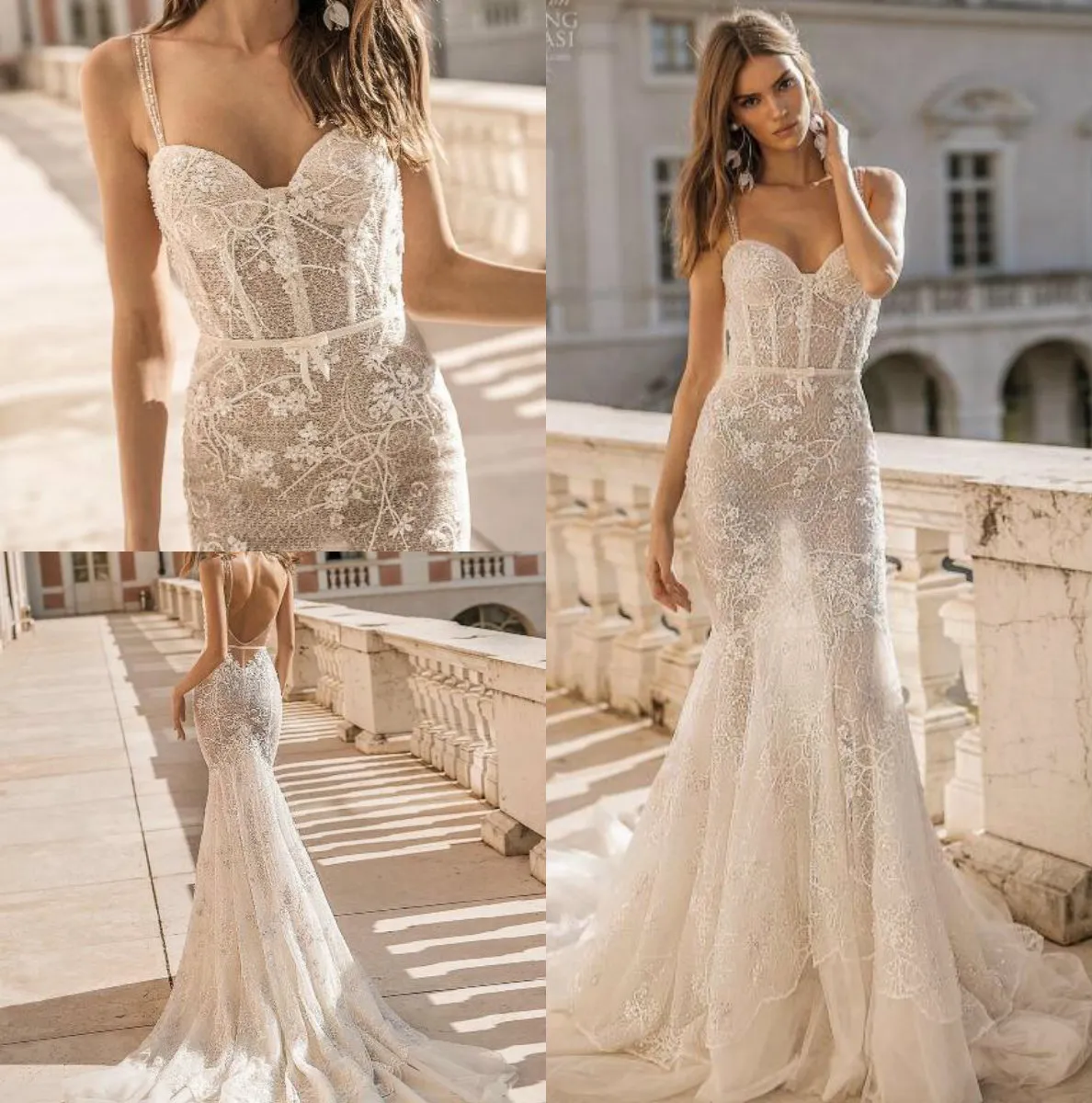 Berta Privée 2019 sirena Abiti da sposa Spaghetti Backless Pizzo Abiti da sposa Vedi attraverso BOHO Beach Abito da sposa Semplice Robe de Mariée