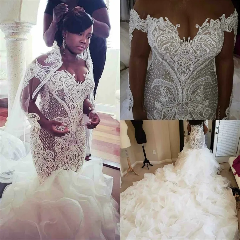 Size New Plus Mermaid Wedding Dresses Long Sleeves Lace Appliques Ruffles Tiered Skirt Bridal Gowns Garden Vestidos De Mariee Custom