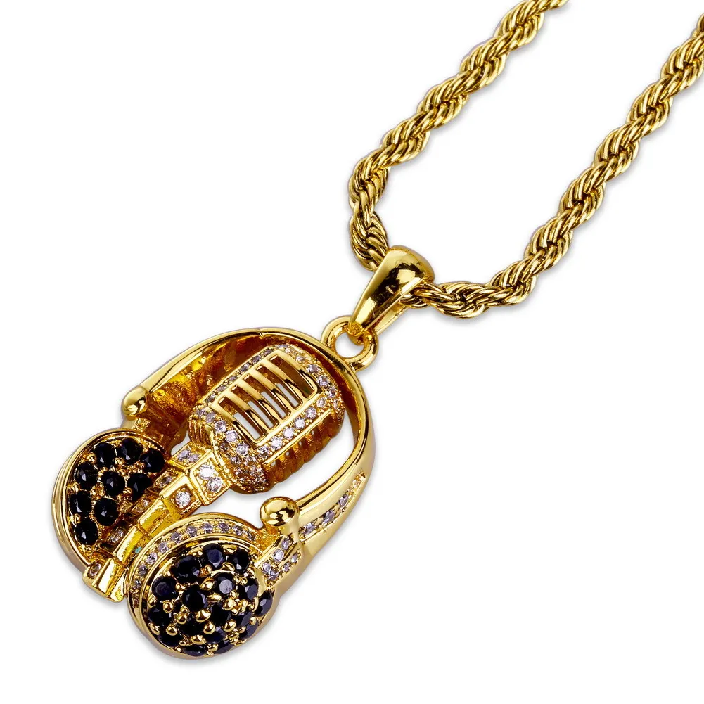 Hip Hop Men Gold 24 Inch Chain Cubic Zircon Music Head Microphone Pendant Necklace Whole7157096