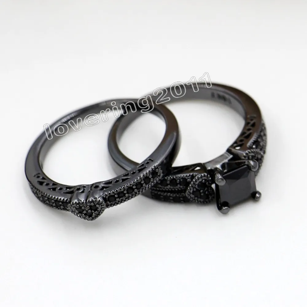 Choucong Princesa corte piedra negra 5A piedra de circón 10KT oro negro lleno de compromiso nupcial anillo de boda conjunto Sz 5-11 regalo