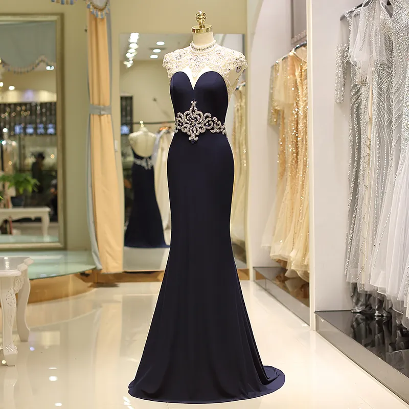 Dark 60724 Navy Vintage Evening Dresses High Neck Sleeveless Prom Back Zipper with Applique Sweep Train Size US2-16 Formal Party Gowns