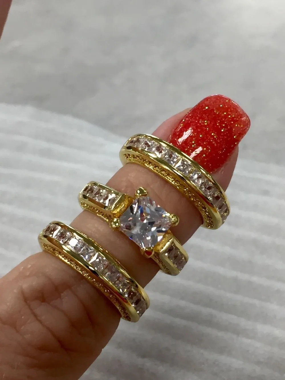 ファッションジュエリープリンセスカット 20ct 5A ジルコン cz 結婚指輪セット女性のためのイエローゴールド充填婚約指輪
