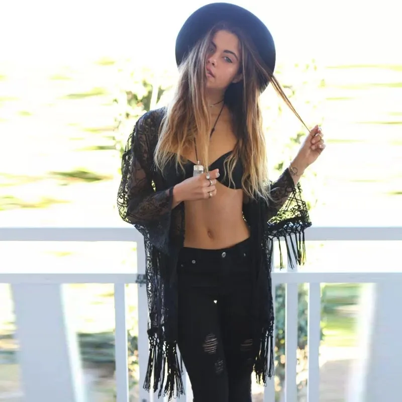 Women Bikini Cover Up Lace Floral Beach Blouse Tassel Summer Cape Boho Vintage Sexy Blouse Fashion Shawl Cardigan Coat Tops Blankets YFA117