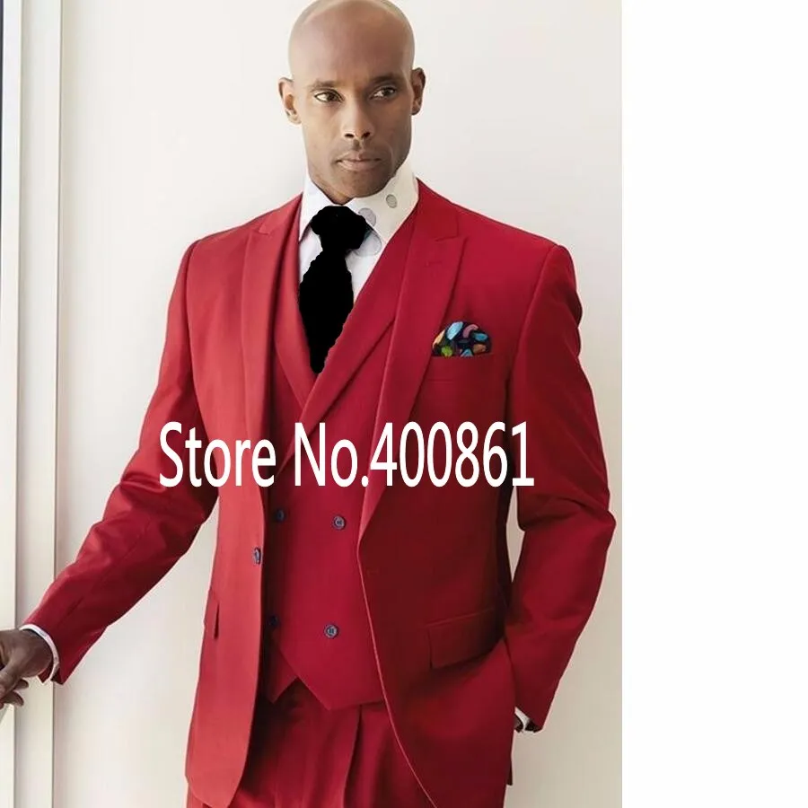 Klasik Stil Bir Düğme Kırmızı Damat Smokin Tepe Yaka Groomsmen Best Man Blazer Erkek Düğün Takımları (Ceket + Pantolon + Yelek + Kravat) H: 672