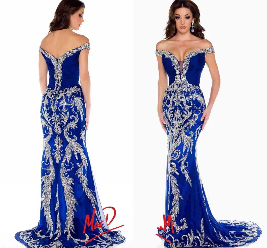 Royal Blue Pageant Dresses Gorgeous Off Shoulder Crystal Beads Mermaid Prom Dresses Formella aftonklänningar Kvinnor Formella klänningar Dh1551