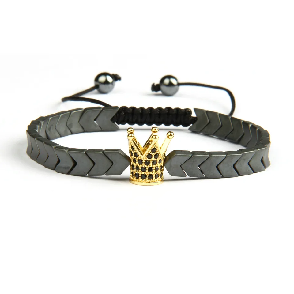 Cz Crown Men Armband Partihandel Micro Pave Black Cz Gold Crown Macrame Armband med hematit stenpärlor Present för män