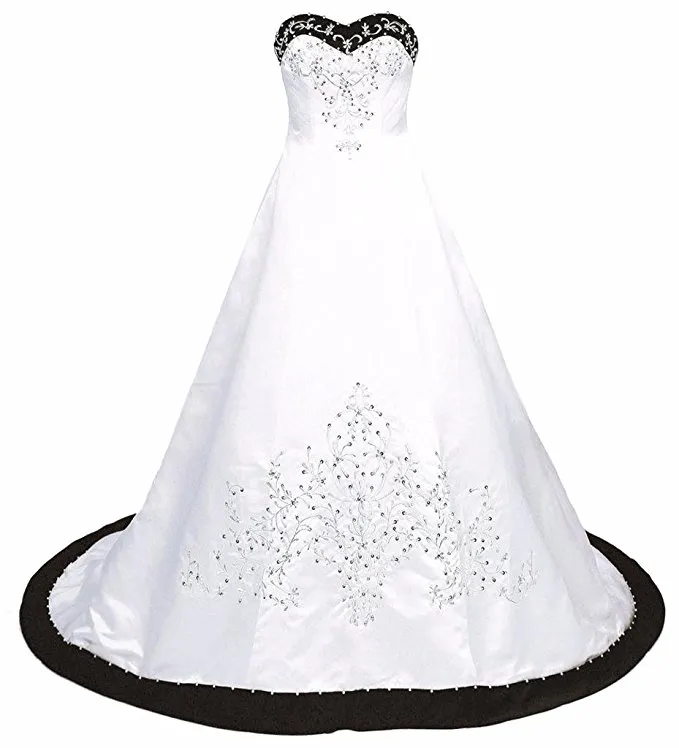 Classic Black And White Wedding Dress Embroidery Princess Satin A line Lace up Back Court Train Sequins Beaded Long Cheap Wedding Gowns