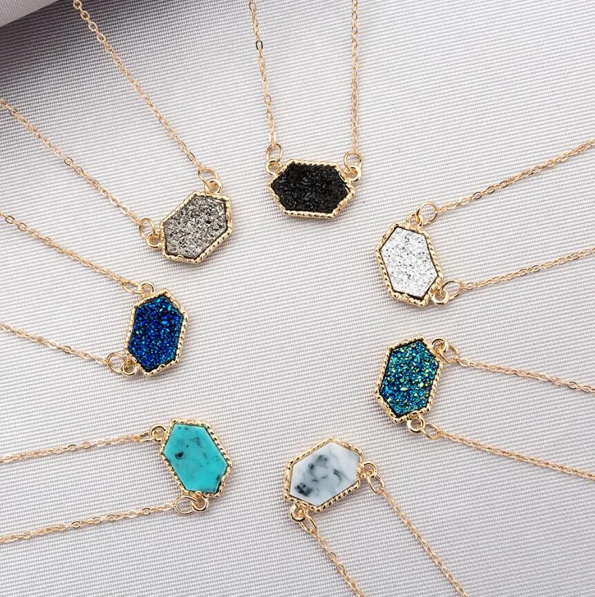 Fashion Druzy Drusy Pendant Necklaces Silver Gold Plated Popular Faux Stone Turquoise Necklaces For Women Lady Jewelry