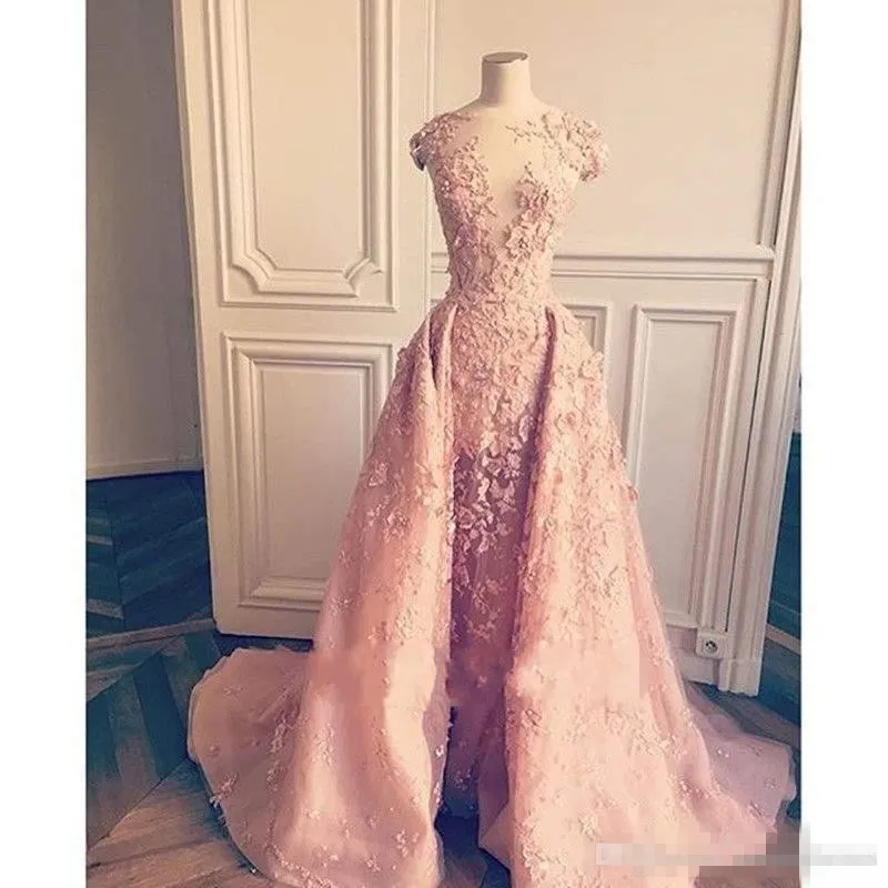 Prom Dresses Pink 2018 with Overskirt Detachable Train Lace Applique Capped Short Sleeves Jewel Sheer Neck Formal Evening Gowns Custom Made